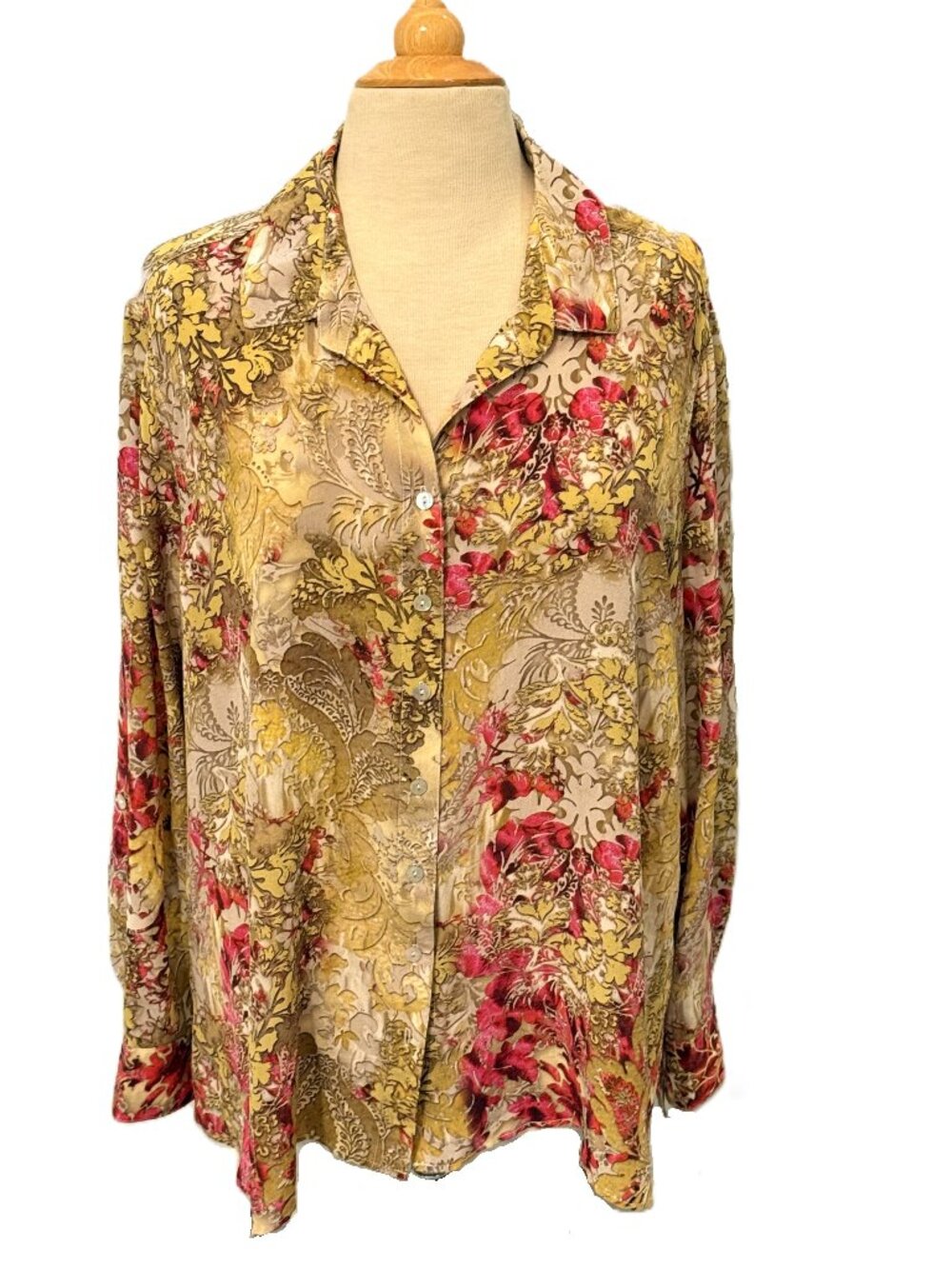 Tianello Steve Barraza Silk Womens Blouse Button Top XL Floral Floral Leaf Art